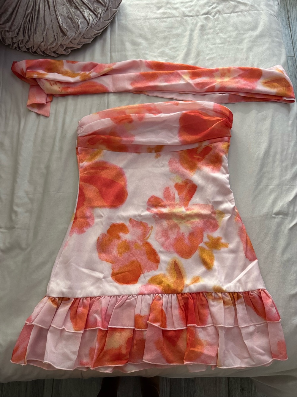 Peppermayo Pink and Orange Floral Strapless Homecoming Dress with Ruffle Hem